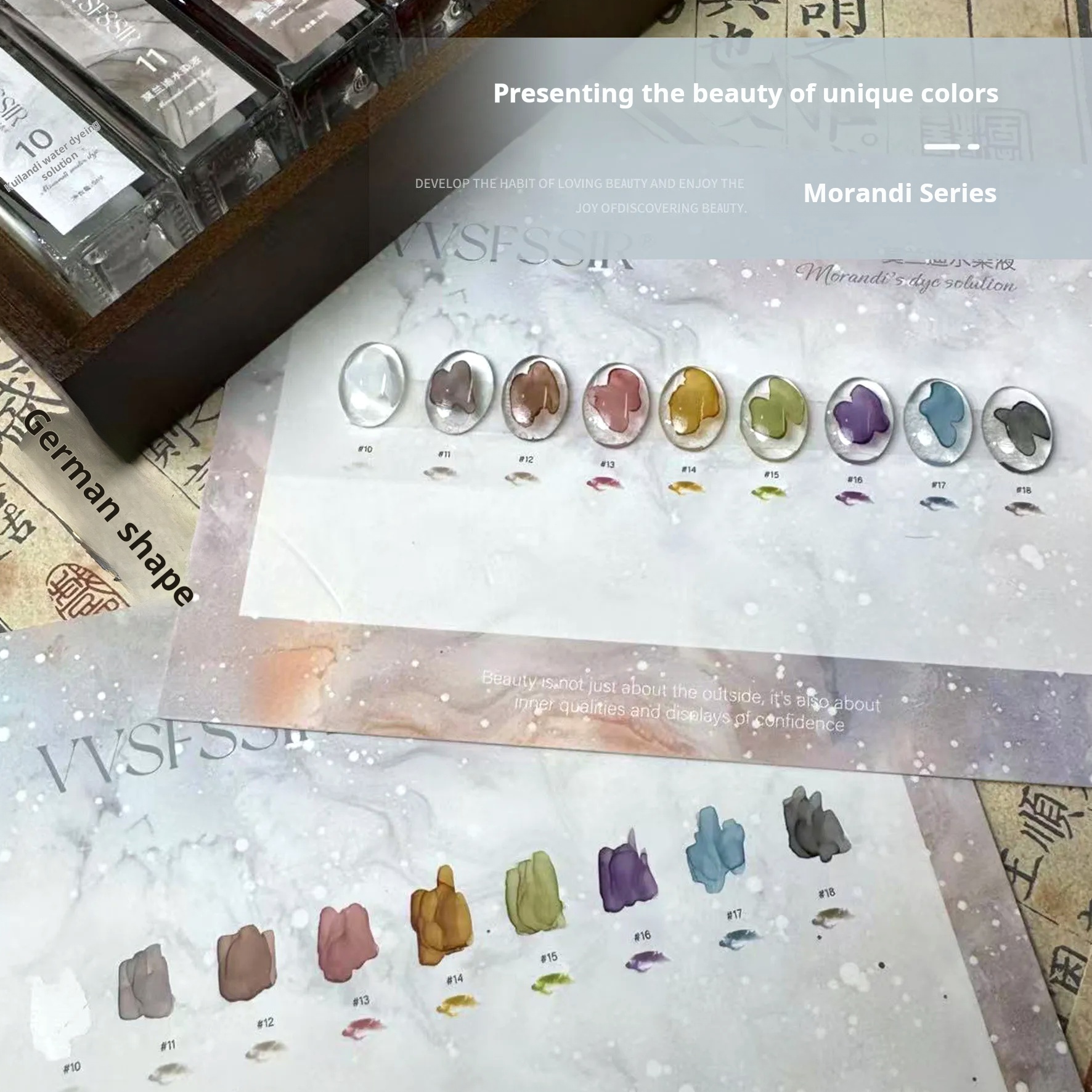 Watercolor nail art color board with blooming gel diffusion effects