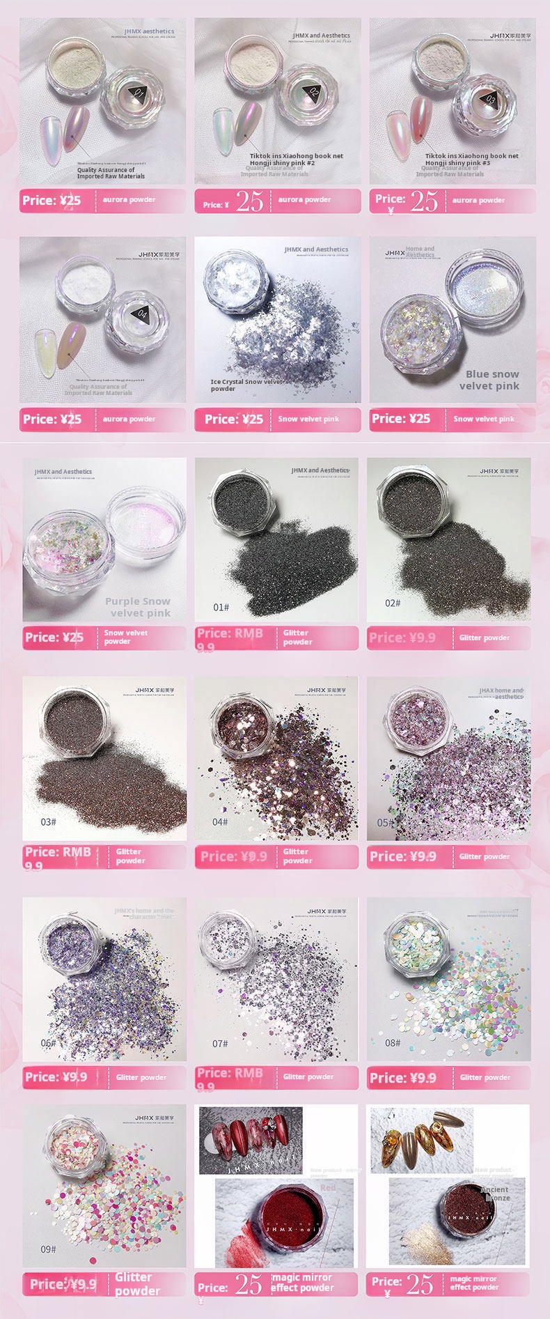 Chrome mirror powder color options for gel nail art