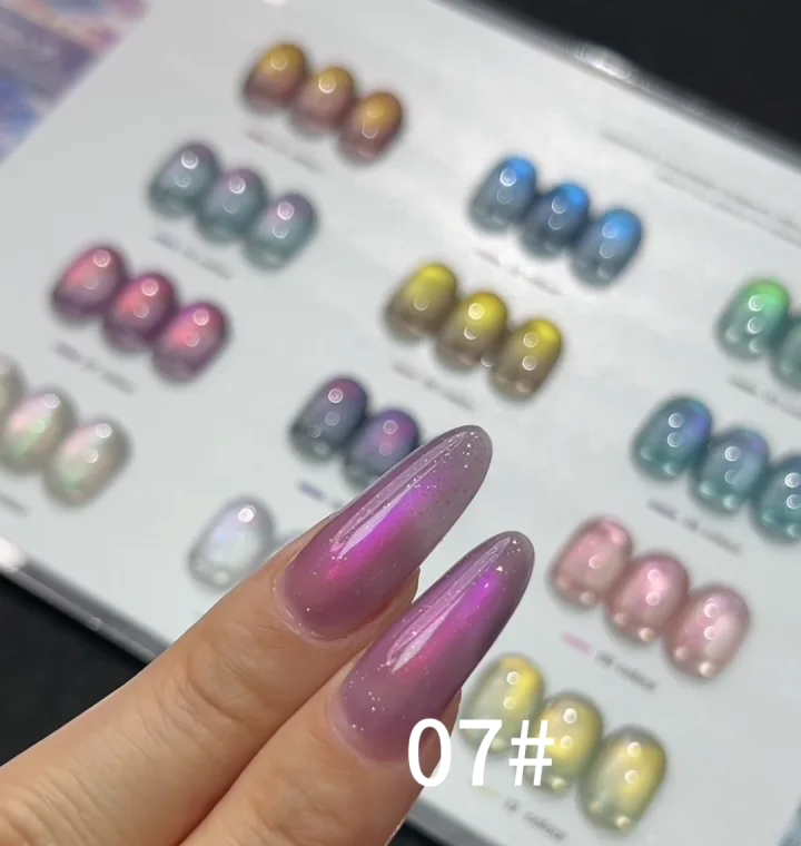 Pink galaxy cat eye gel polish after magnetic shaping