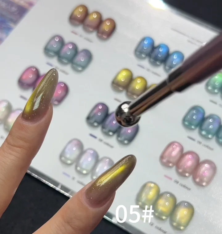 Gold galaxy cat eye gel polish magnet test on long nails
