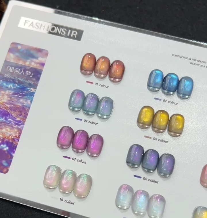 Close view of galaxy cat eye gel colors with reflective shimmer